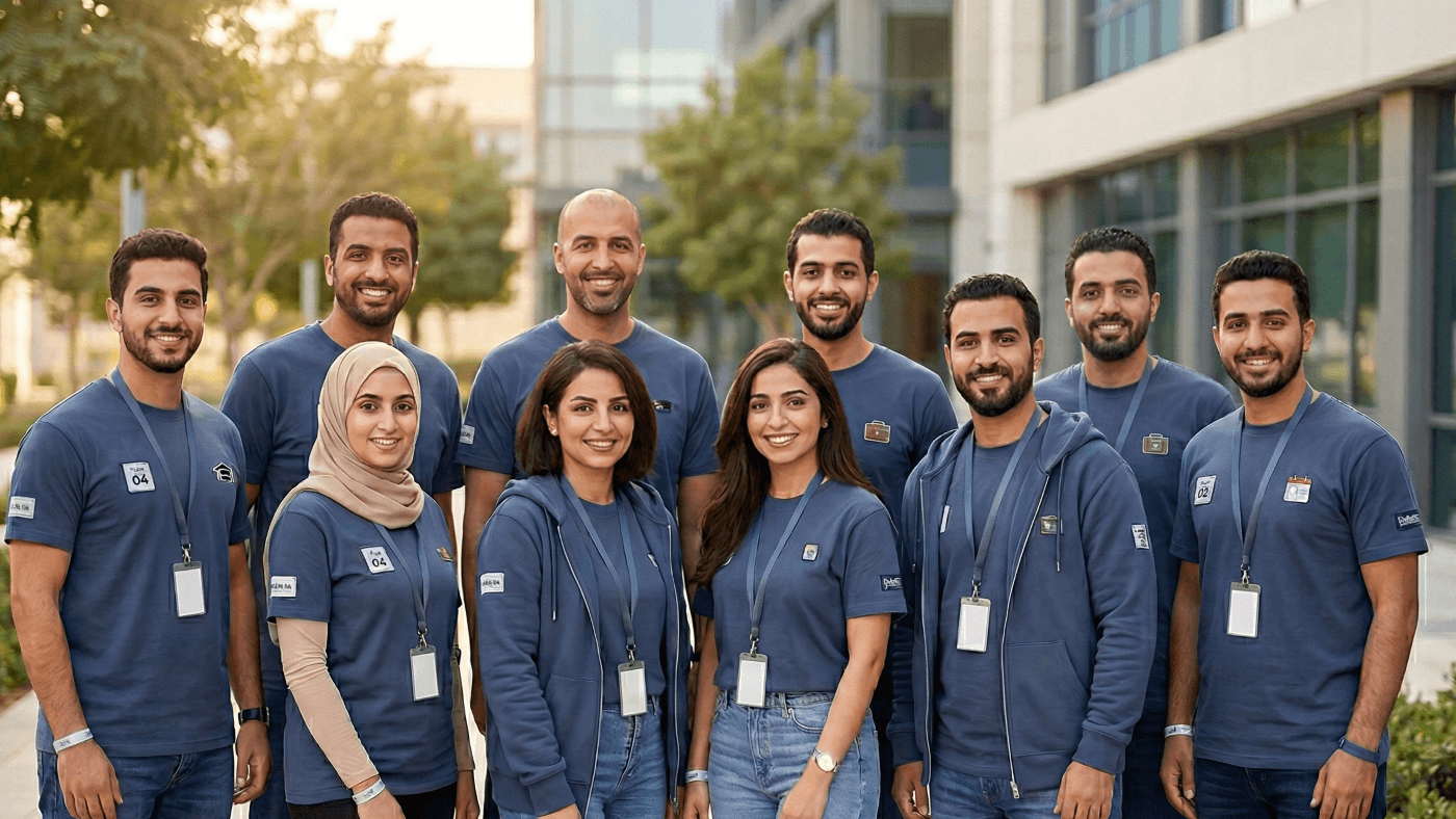 Group wearing matching custom t-shirts
